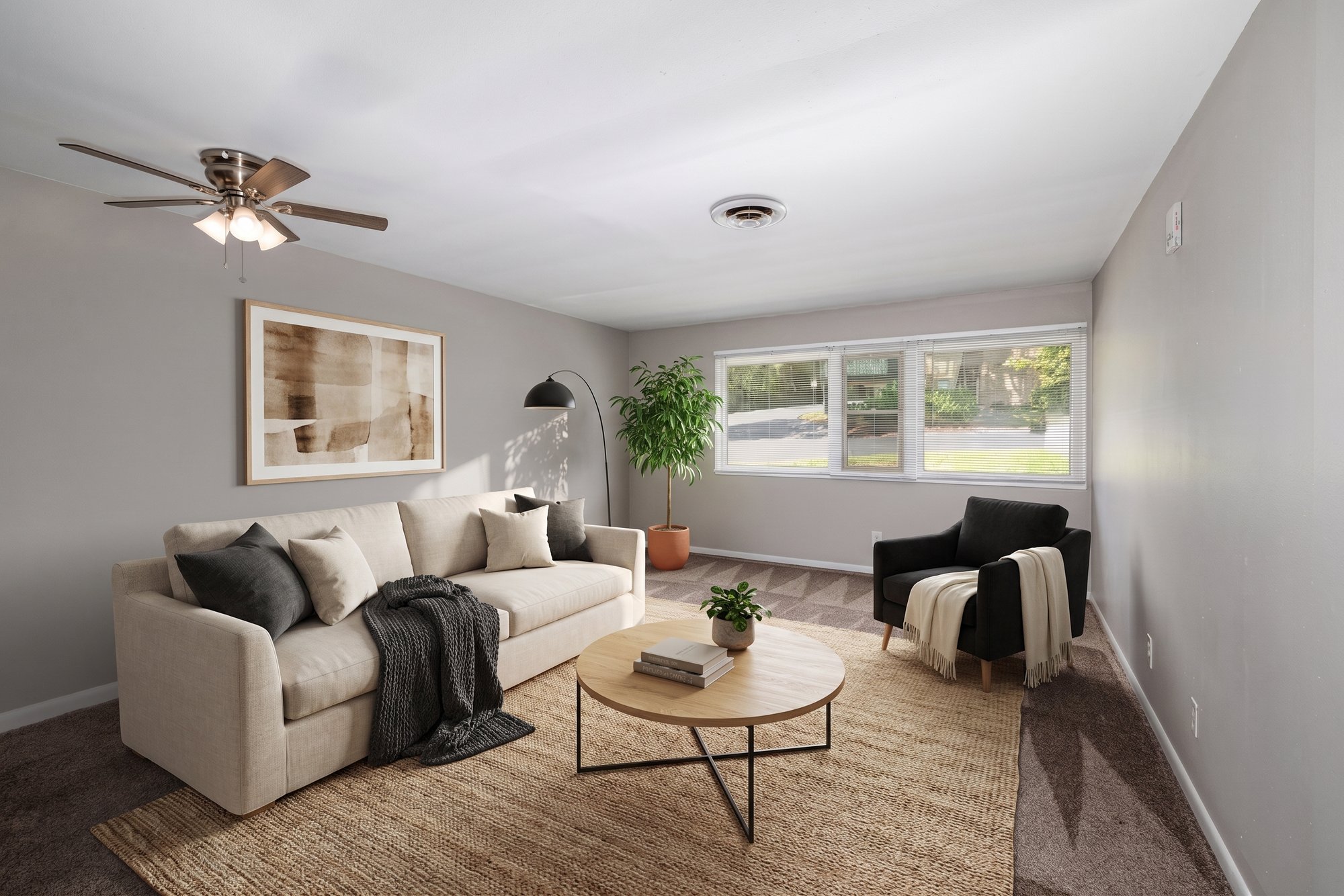 The Sequoya living room, virtually staged