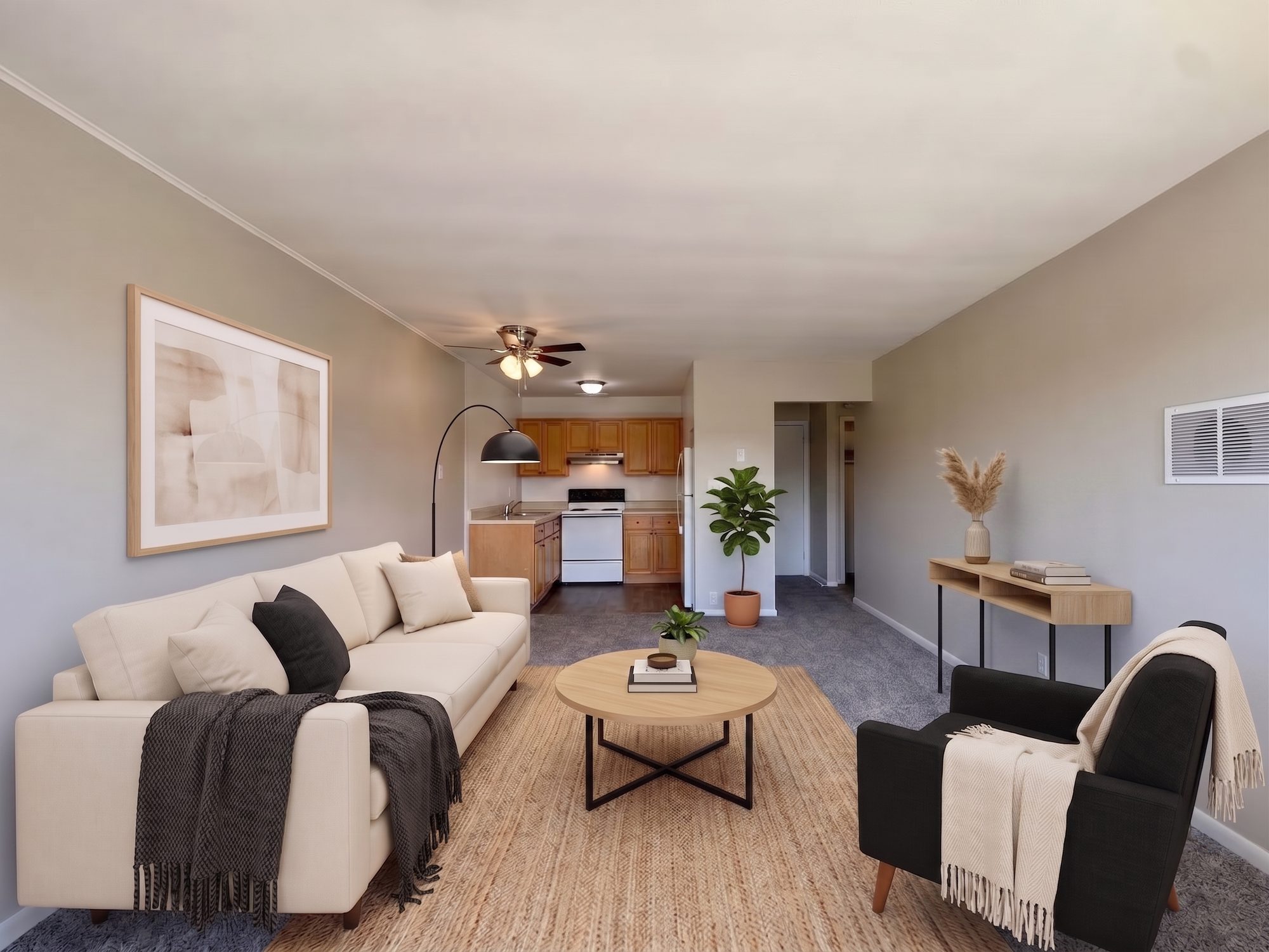 Open living room and kitchen, virtually staged